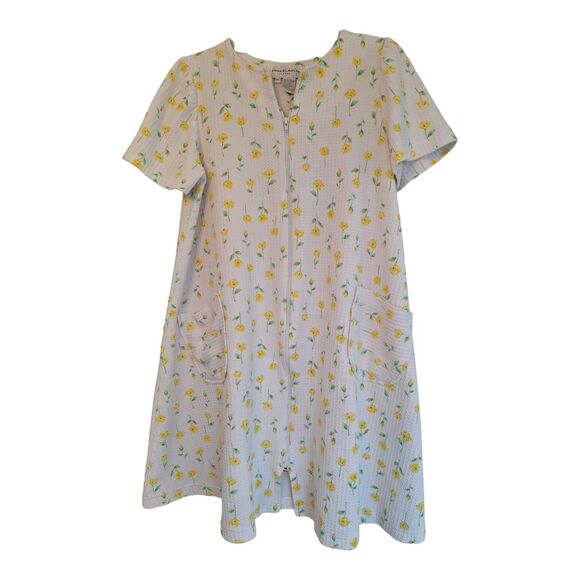 Miss Elaine House Coat Robe Full Zip Summer White Yellow Floral Waffle Texture M - Picture 4 of 12